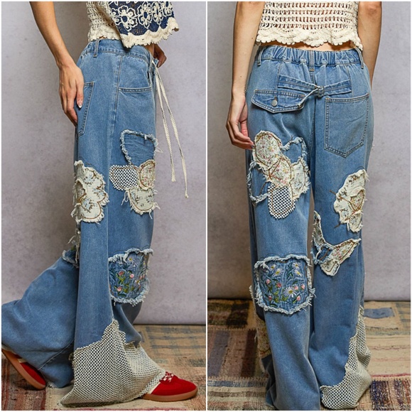 POL Floral Print Butterfly Patchwork Embroidered Denim Wide Leg Jeans - Picture 3 of 3